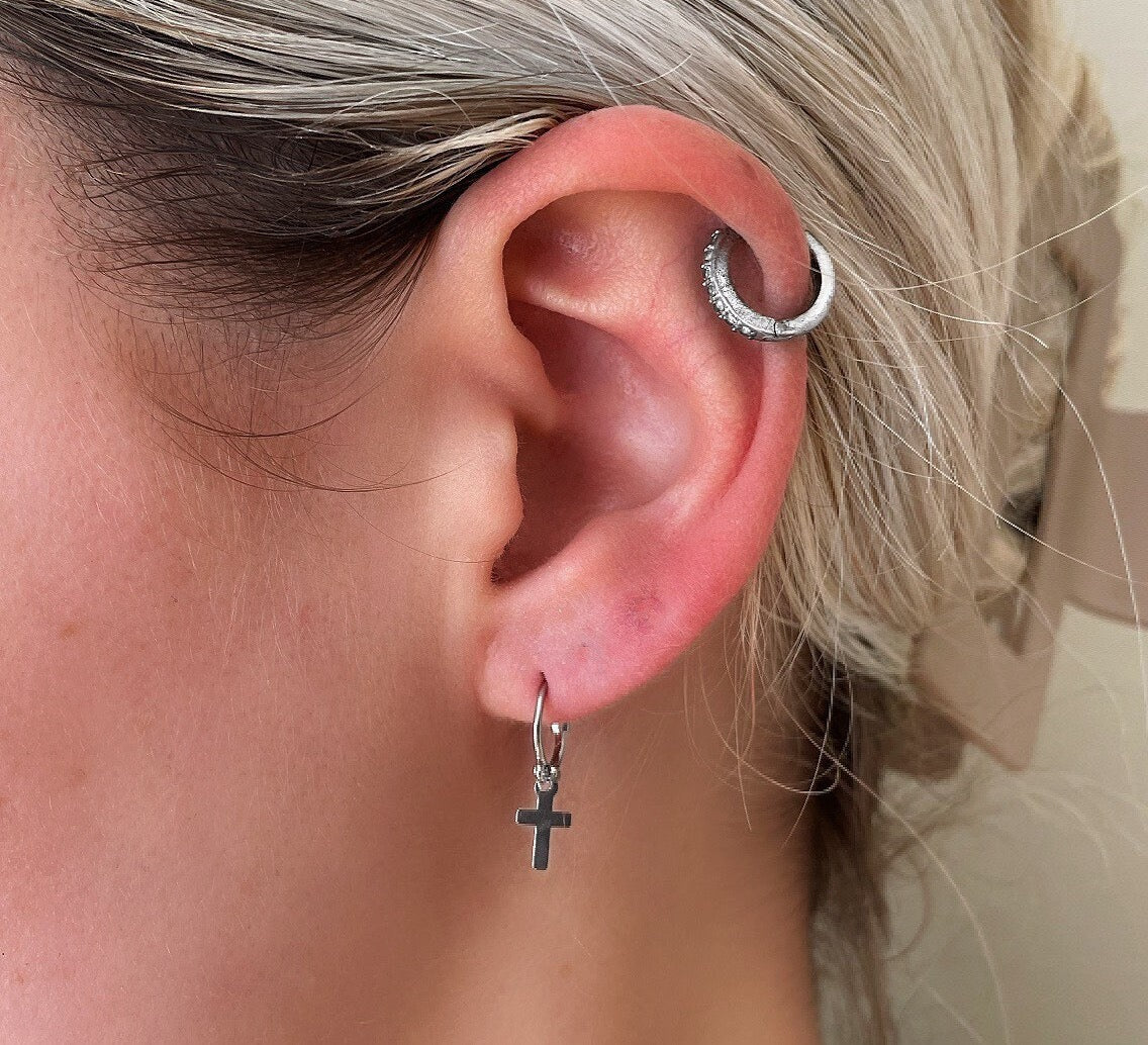 Mini Cross Silver Huggie Hoop Earrings