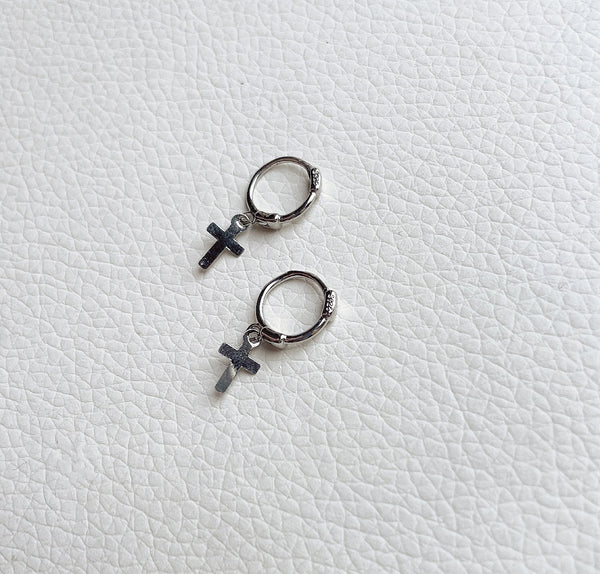 Mini Cross Silver Huggie Hoop Earrings