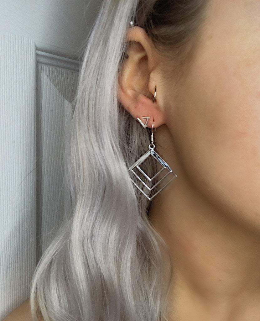 Silver square deals dangle earrings