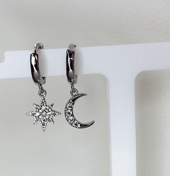 Sterling Silver Moon & Star Huggie Hoops