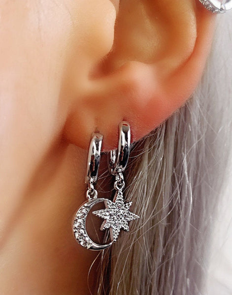 Sterling Silver Moon & Star Huggie Hoops