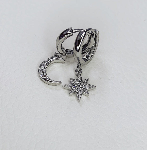 Sterling Silver Moon & Star Huggie Hoops